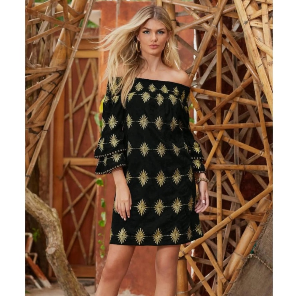 Boston Proper Black Dress with Gold Embroidery and Bell Sleeves